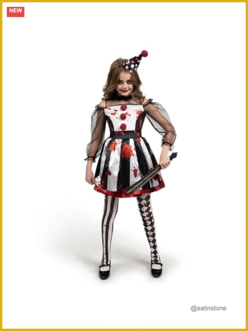 Scary Clown Costume for Girls - Black & White Bloody Jester Dress with Headband